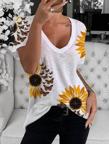 Sunflower Print Short-sleeved Round-neck T-shirt