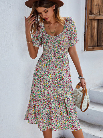 Round Neck Design Sense Vacation Beach Casual Home Floral Bohemian Print Dress