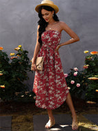 Explosive Floral Skirt Fashion Women's New Sexy Wrap Chest Chiffon Dress Mid Dresses