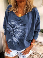 Fall Tribal Feather Print Long Sleeve Crew Neck T-Shirt Top