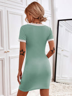 Solid Color V-Neck Short Sleeve Slim Fit Bottoming Knit Dress