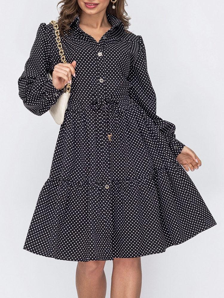 Single-breasted Button Black Polka-dot Dress