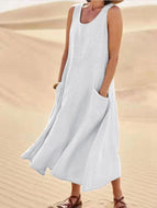 New Popular Sleeveless Solid Color Women's Cotton and Linen Dress