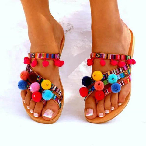 New Hair Ball Colorful Set Toe Plus Size Boho Sandals Women All Match Slippers