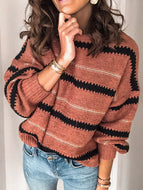 Women's Fashion Casual Metallic Striped Round Neck Knitted Sweater Shirt