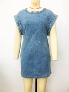 Summer Beaded Pearl Sleeve Crew Neck Midi Denim Dress