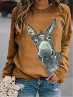 Donkey Head Printed Round Neck Long Sleeve Women's T-Shirt