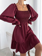 Square Neck Long Sleeve Ruffled High Waist Dress