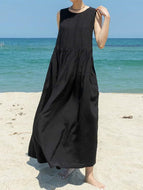 Cotton Linen Casual Pocket Solid Color Sleeveless Long Hem Dress