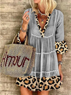 New Women's Hot Selling Fashion Leopard Print Stitching Cotton and Linen Dress