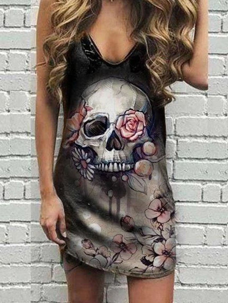 Skull print sleeveless V-neck mid-length T-shirt top