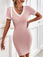 Solid Color V-Neck Short Sleeve Slim Fit Bottoming Knit Dress