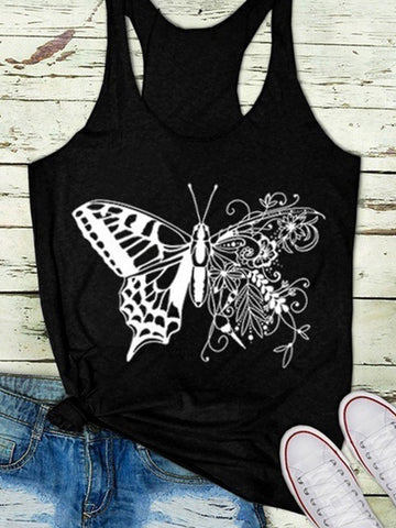 Black Butterfly Printed Casual Sleeveless Vest