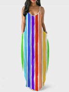 Colorful Striped Gradient V-Neck Loose Casual Comfortable Slip Dress