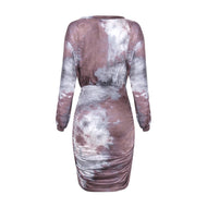 New Printed One-Neck Long Sleeve Sexy Pack Hip Wrinkle Dress