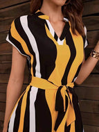 Women Stand Collar Short Sleeve Lace-Up Slim Fit Striped Dress