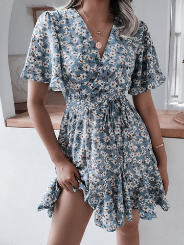 Short Sleeved Printed Chiffon Sexy Dress Women V Neck Elegant Mini Dresses