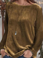 Gold Velvet Long-sleeved Round Neck T-shirt