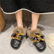 Metal Chain Lazy Slippers with Faux Fur