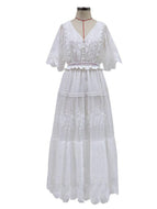 White V-Neck Short Sleeve Lace Dress Big Swing Patchwork Long Dresses For Women