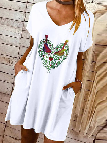 Women's Heart Print Pocket Loose V-Neck Dress