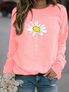 Sunflower Print Crew Neck Long Sleeve Fleece Sweatshirt