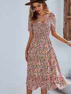 Round Neck Design Sense Vacation Beach Casual Home Floral Bohemian Print Dress