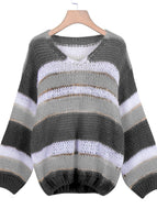 Winter New Solid Color Stitching Casual V-neck Striped Sweater