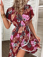 Elegant V-Neck Print Boho Resort Dress A-Line Skirt Women Waisted Mini Dresses