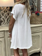 Round Neck Short Sleeve Solid Color Casual Tassel Hem Dress