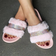 Plus Size Plush Slippers One Word Flat Women's Rhinestone Fur Slippers