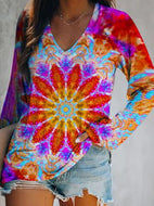 Blue Mandala Print Loose Long Sleeve T-shirt