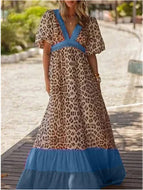 Sexy Deep V Neck Puff Sleeve Leopard Print Colorblock Long Dress