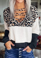 Leopard Color Block Criss-Cross Long Sleeve Blouse