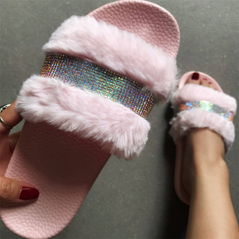 Plus Size Plush Slippers One Word Flat Women's Rhinestone Fur Slippers