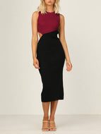 Cutout Panel Contrast Rib Knit Crew Neck Sleeveless Elegant Dress