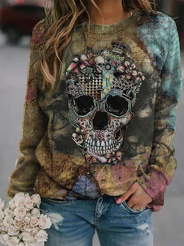 Women's Long Sleeve Skull Print Sweatshirt