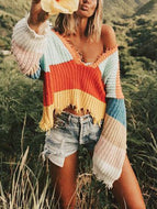 V-neck Rainbow Striped Pullover