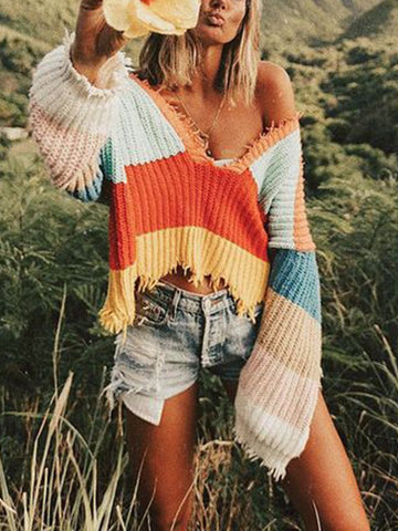 V-neck Rainbow Striped Pullover