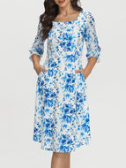 Blue Printed Square Neck Dress