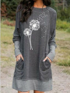 Autumn Winter Dandelion Print Round Neck Long Sleeve Plus Size Sweatshirt Dress