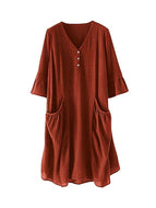 Patchwork 5 / 4 Sleeve Button Down V-neck Big Pocket Dress