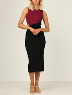 Cutout Panel Contrast Rib Knit Crew Neck Sleeveless Elegant Dress