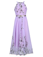 Ladies Halter Neck Sleeveless Floral Dress Plus Size Women's Lace Up Waist Floral Long Dresses