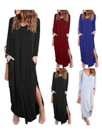 Hot Sale Solid Color Pocket Slit Long Sleeve Dress