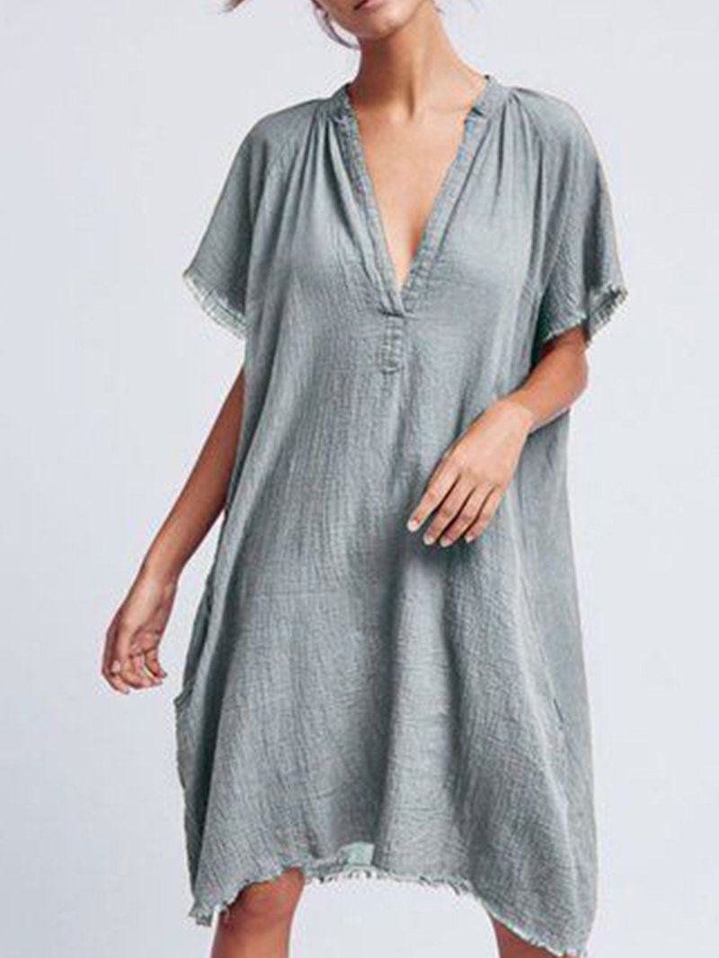 Simple Cotton and Linen Solid Color V-neck Short-sleeved Dress