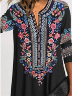 Western Style Ethnic Print Stand Collar Mid Sleeve Loose Plus Size Dress