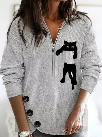 Autumn New Style Lapel Cat Zipper Long-sleeved Sweatshirt