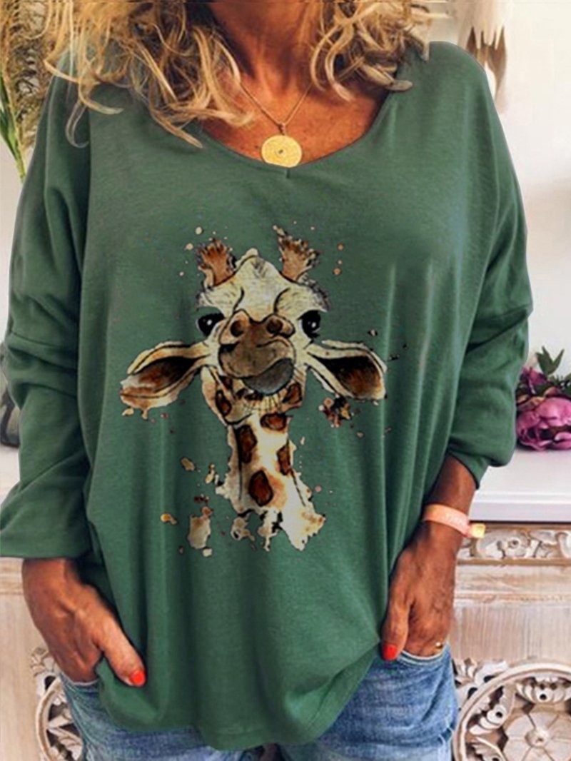 Long-sleeved T-shirt Printed Animal Pattern Printed Oversized Top