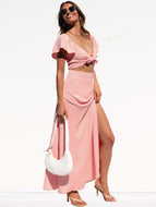 Casual Beach Chiffon Strap Top Straight Slit Skirt Fashion New Dress Suit Two Pieces